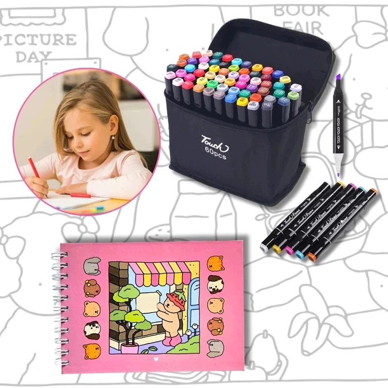 Colorar Caderno kit+marcador de múltiplas cores 24-36-48-60-80 cores, 50 páginas de desenho
